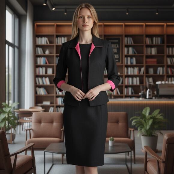 Jessica Howard VTG 2 Piece Set 12P Shift Dress Bolero Open Jacket Black Pink LBD - Picture 1 of 10